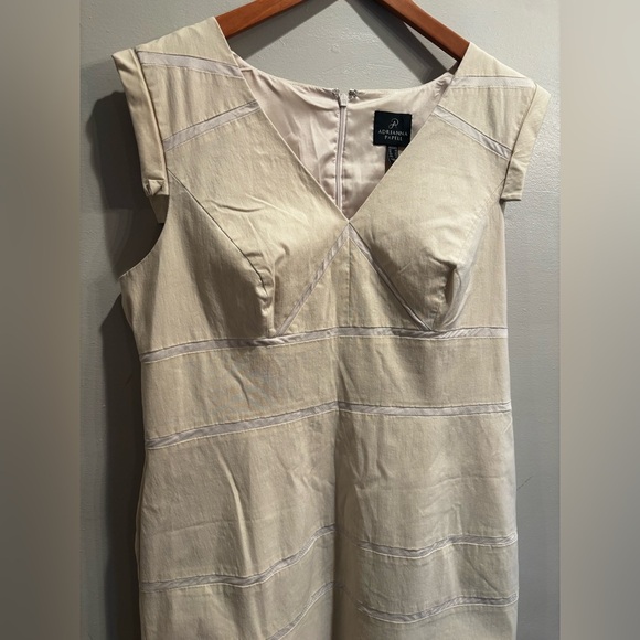 Adrianna Papell Beige Midi Dress with Subtle Stripes business casual cap sleeve - Picture 14 of 15